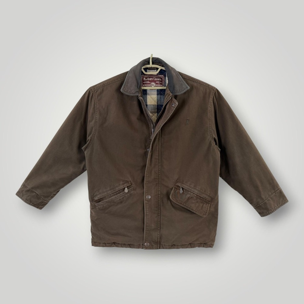 VTG Marlboro Classics Pasadena 301 Jacket Mens XL Brown Canvas Plaid Italy
